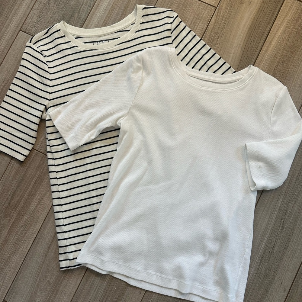 Set of Two - LOFT Classic White and Striped Ribbed Tops